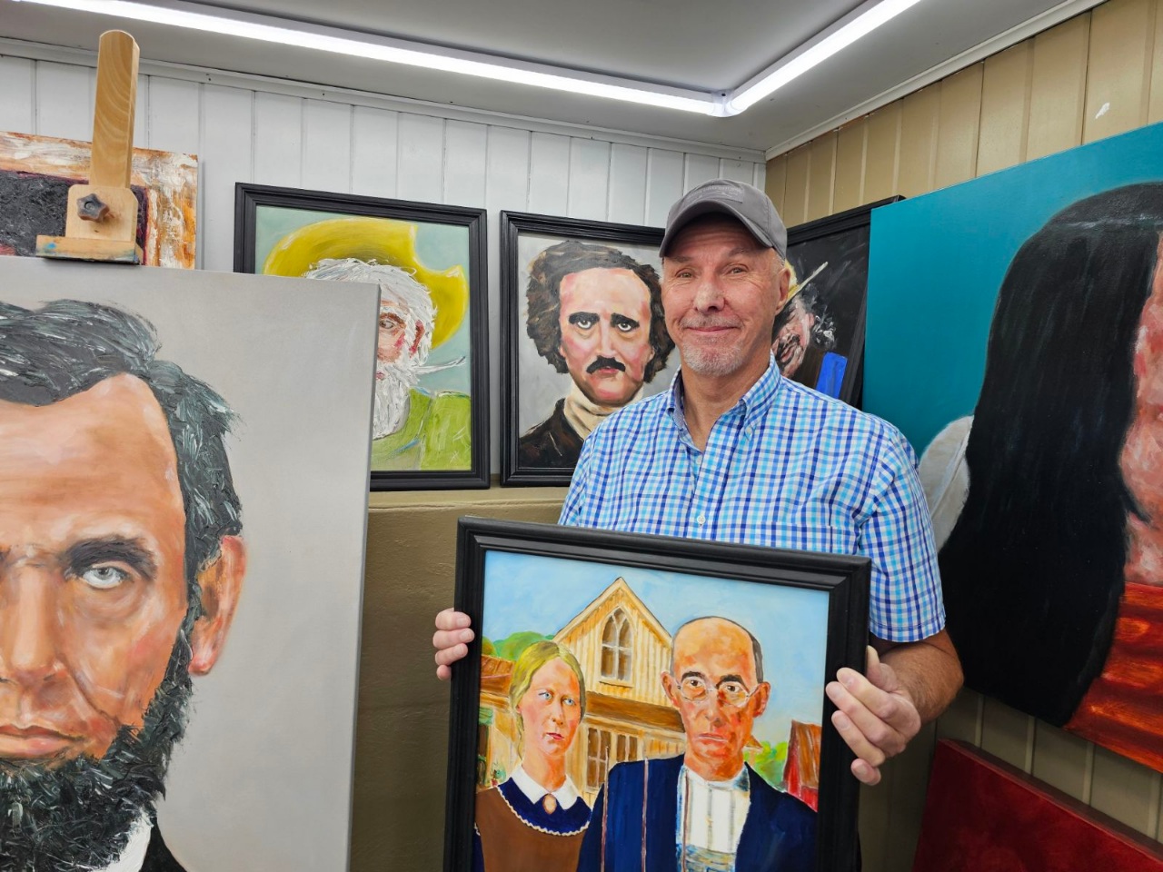 Noel Hatfield in his basement studio.