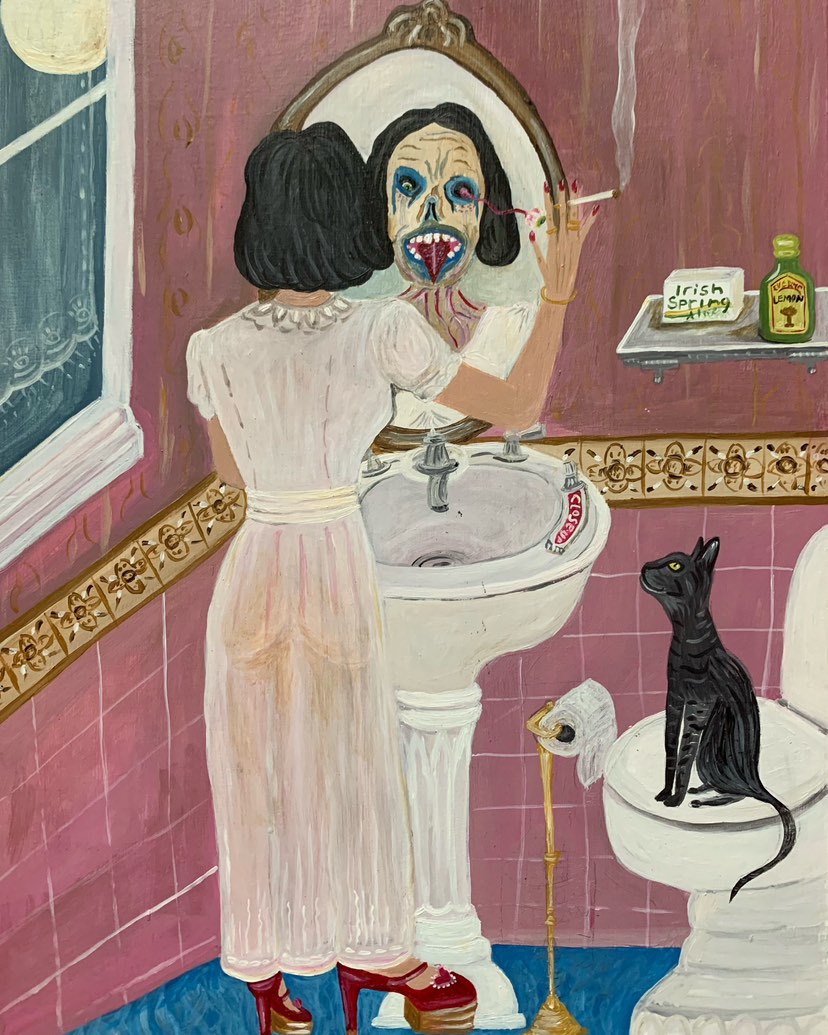 Original work of art by self-taught artist Sarah Lee titled "Listen kitty, I live among the creatures of the night, I haven’t got the will to try and fight…".